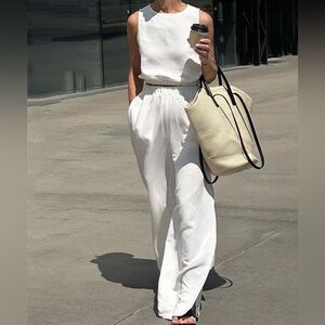 NWT REVOLVE & LINEN lovers COMMENSE 2 PC SET pants & top white L